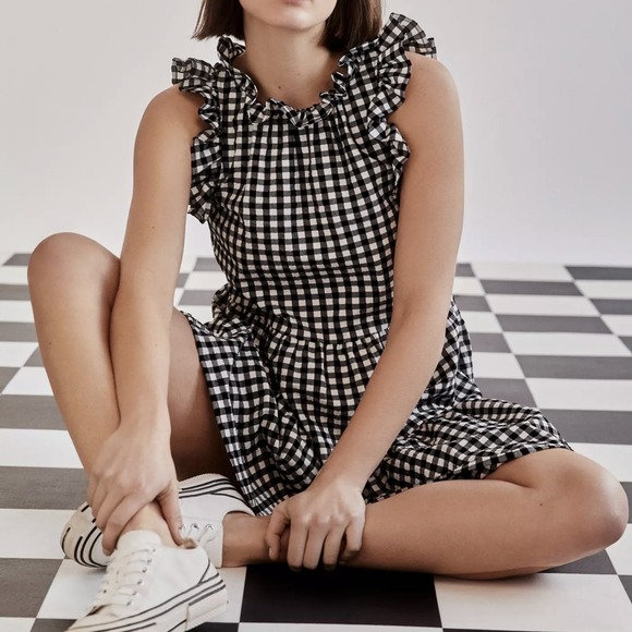Anthropologie Maeve Lida Buffalo Check Ruffled Mini Dress, Black White, M - Picture 1 of 12